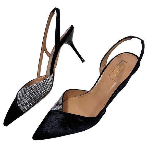 AQUAZZURA Salome Black Velvet & Crystal Slingback 3" Heel Size 37 - Picture 1 of 8